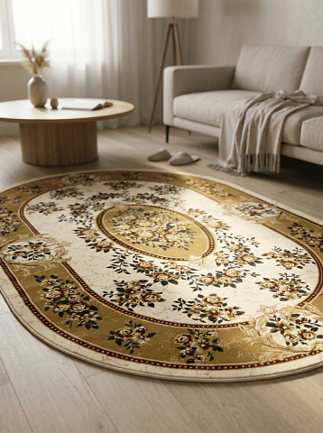 Российский овальный бежевый ковер акварель 20611