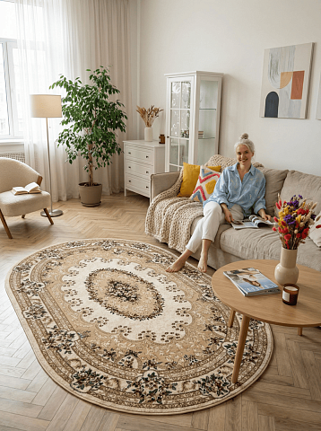 Российский овальный бежевый ковер акварель 20636