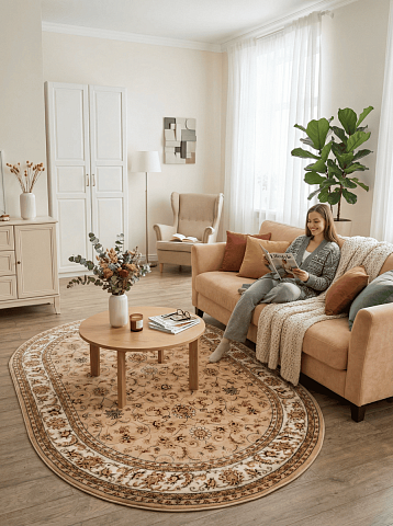 Российский овальный бежевый ковер акварель 20624