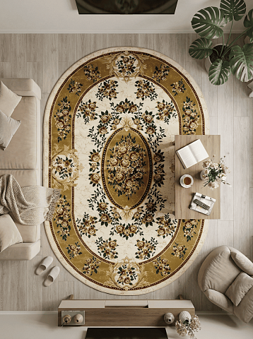 Российский овальный бежевый ковер акварель 20611