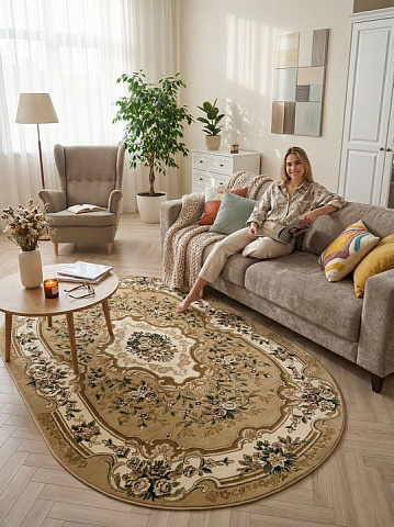 Российский овальный бежевый ковер акварель 20606
